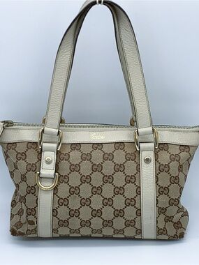 Y2K Gucci GG Canvas Abbey D-ring Tote Handbag with Cream Trim in Beige/Tan